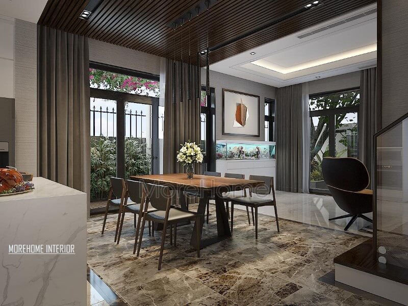 Trang trí phòng ăn hiện đại, sang trọng với sự phá cách trong vật liệu trang trí từ đá lát sàn, gỗ ốp tường hay bàn gỗ óc chó nguyên tấm. Mẫu nội thất biệt thự đẹp