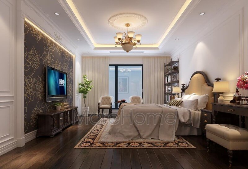 Phòng ngủ master ấn tượng với mẫu giường ngủ gỗ óc chó Mẫu thiết kế nội thất chung cư đẹp