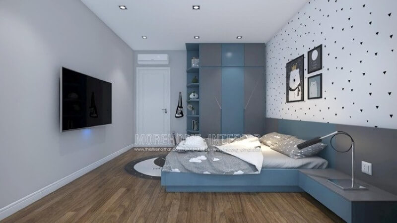 Tủ quần áo liền kệ để đồ sẽ là gợi ý ấn tượng để phòng bé luôn được gọn gàng ngăn nắp. Mẫu thiết kế nội thất chung cư đẹp