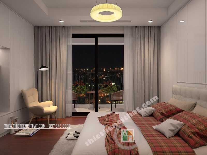 Thiết kế nội thất phòng ngủ chung cư đẹp với đồ nội thất hiện đại sắp xếp cách khoa học giúp tiết kiệm không gian căn phòng Mẫu nội thất chung cư đẹp