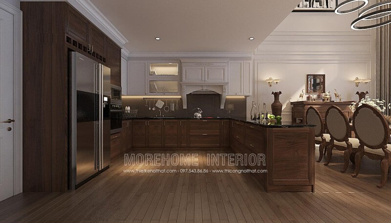 Tủ bếp gỗ óc chó tân cổ điển đầy ấn tượng, từng đường nét chạm khắc tinh tế, không quá cầu kì, kiểu cách mang lại sự sang trọng và không quá rối mắt người nhìn Tủ bếp gỗ, tủ bếp gỗ tự nhiên, tủ bếp tân cổ điển