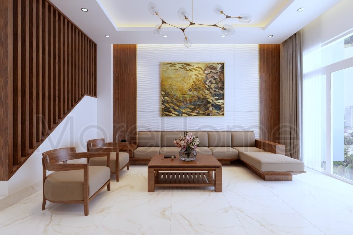 Thiết kế nhà phố với nội thất gỗ tự nhiên cao cấp cho phòng khách trở lên sang trọng và gần gũi với thiên nhiên Thiết kế phòng khách nhà phố