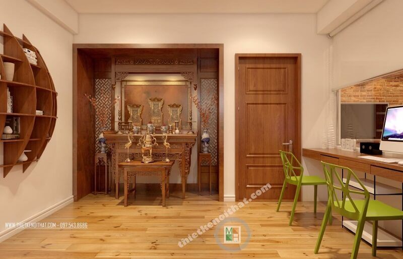 Thiết kế nội thất phòng thờ chung cư CT4 Mỹ Đình hiện đại với đồ nội thất gỗ tông màu nâu sáng.