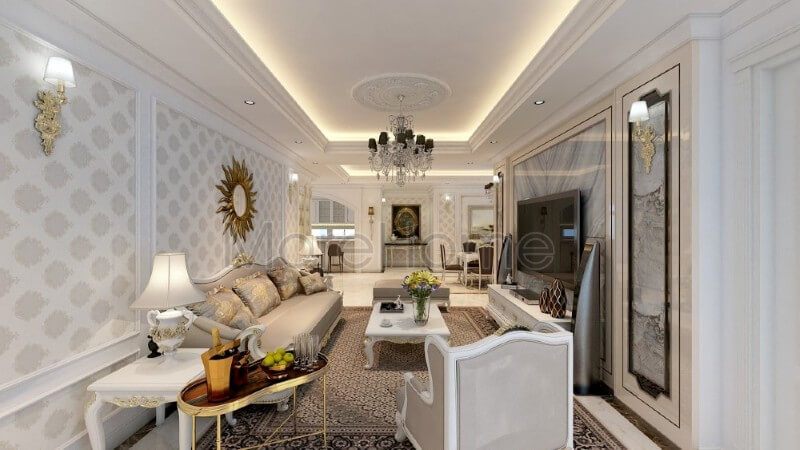 Trong mẫu thiết kế đẳng cấp này, kiến trúc sư lựa chọn sử dụng chất liệu đá ốp tường tự nhiên đem đến cho không gian phòng khách độc đáo và ấn tượng hơn thay vì những bức tường thô như nhiều mẫu thiết kế khác.