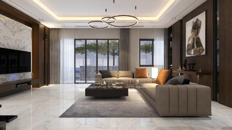 Thiết kế nội thất phòng khách đẹp, cao cấp cho biệt thự ấn tượng với gỗ ốp tường, đá đối vân trang trí.