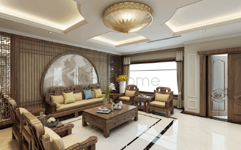 Đường vân uốn lượn sống động từ đá ốp tường cao cấp kết hợp cùng bức vách ốp tường hoa văn trang nhã góp phần tạo nên bức tranh phòng khách Á Đông tuyệt đẹp cho biệt thự Riverside Nguyễn Duy Trinh, Quận 2, Tp. Hồ Chí Minh.