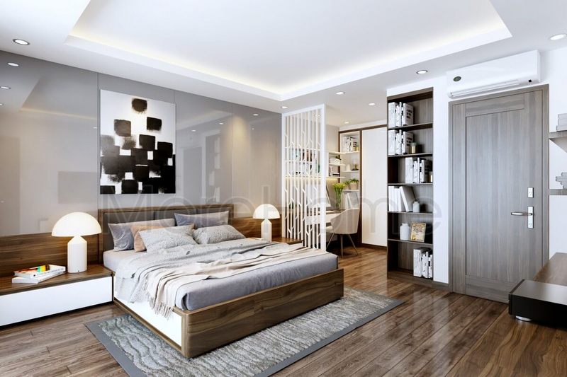 Mầu giường ngủ bệt có tap để thiết kế thêm ngăn kéo bằng gỗ công nghiệp cho nhà phốhiện đại