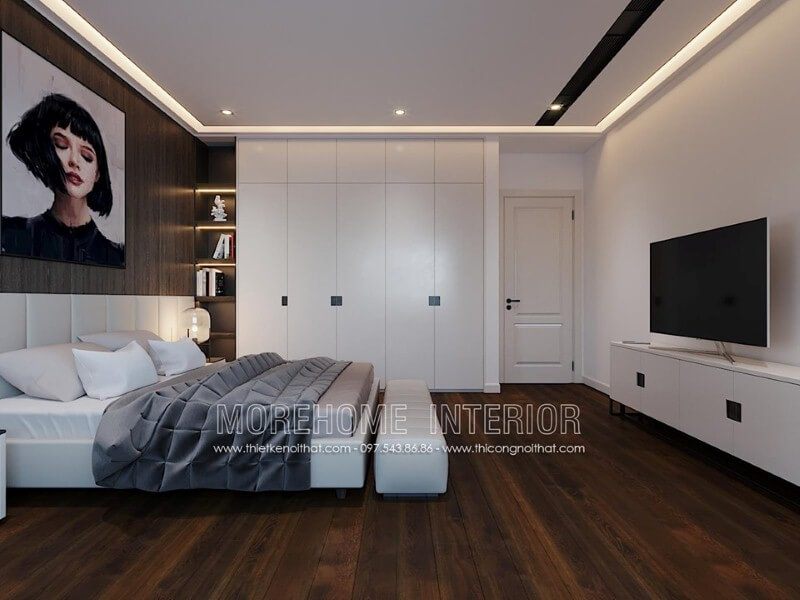 Bố trí nội thất phòng ngủ hiện đại ấn tượng với sàn gỗ óc chó cao cấp sang trọng.