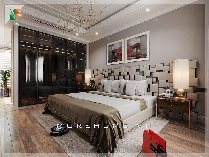 Hai bức tranh canvas họa tiết nghệ thuật được treo đầu giường làm sáng cả căn phòng ngủ chung cư hiện đại.