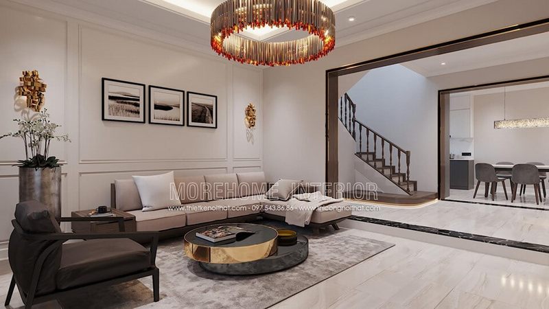 Trang trí nội thất phòng khách gỗ tinh tế hiện đại với sự kết hợp nhẹ nhàng với đèn thả trần