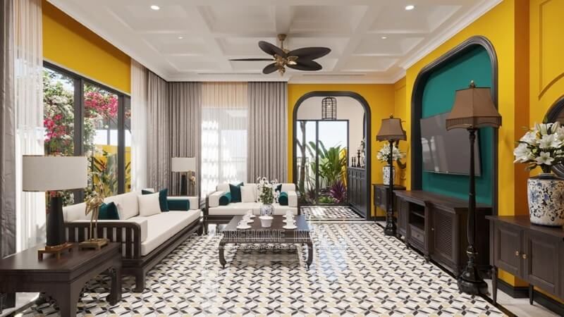 Bản sắc dân tộc được KTS Morehome gửi trọn trong mẫu thiết kế phòng khách biệt thự á đông này