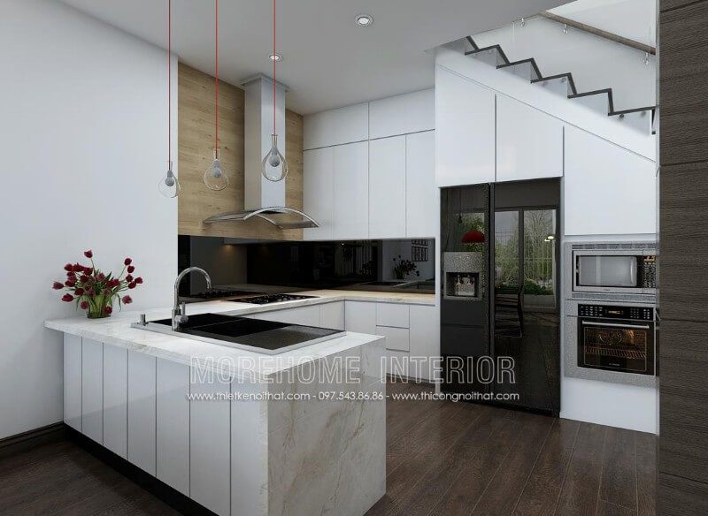 Mẫu tủ bếp đẹp được thiết kế kịch trần, sự kết hợp hài hòa giữa tổng thể, từ chất liệu gỗ công nghiệp cao cấp, đá ốp bếp nhân tạo sáng màu, gam màu trắng tinh tế cho tới thiết bị nhà bếp hiện đại mang lại không gian phòng bếp rộng rãi và tiện nghi nhất