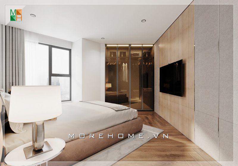 Mẫu thiết kế phòng ngủ hình thang cho chung cư, nhà phố với nội thất gỗ đơn giản, tận dụng góc để bố trí tủ quần áo giúp tiết kiệm không gian diện tích sử dụng