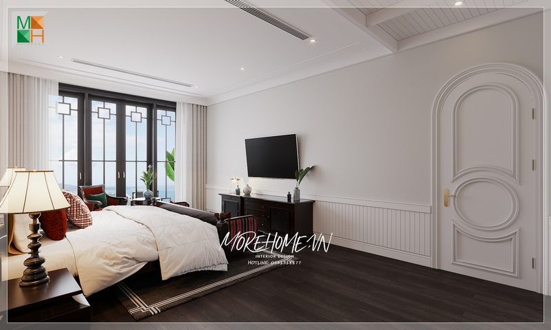 Nội thất gỗ tự nhiên vẫn luôn là lựa chọn hàng đầu cho những thiết kế phòng ngủ phong cách tân cổ điển hay phong cách Indochine bởi dễ tạo hình, màu sắc tự nhiên sang trọng và sở hữu những đường vân gỗ đa dạng