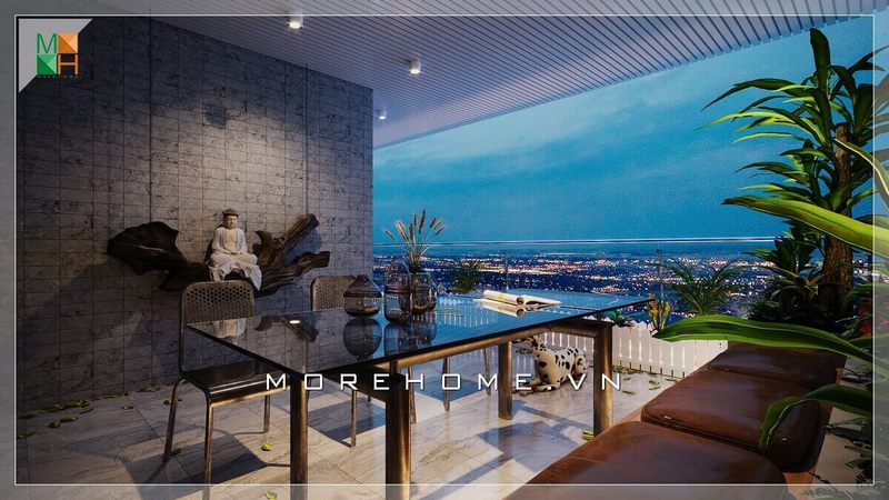 Ấn tượng mẫu bàn ghế mặt kính ban công sang trọng phù hợp với không gian thiết kế nơi đây.