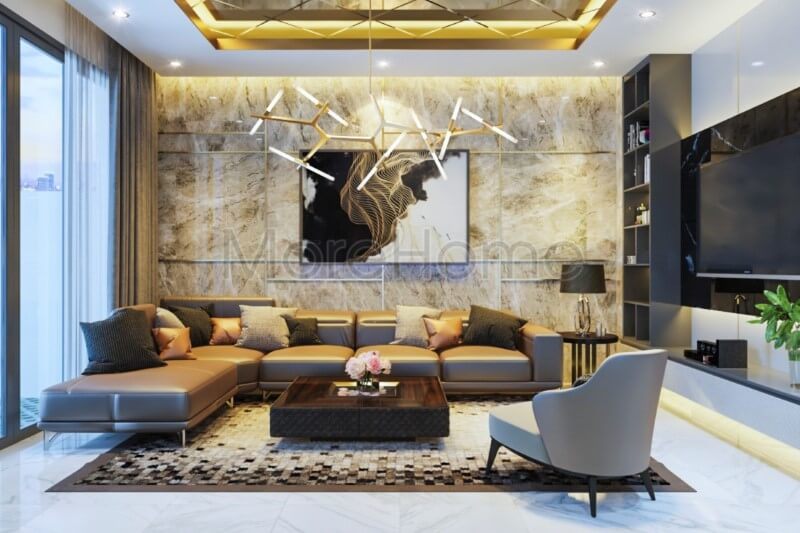 Mẫu sofa phòng khách được thiết kế chữ L bọc da hiện đại kèm bàn trà gỗ tông màu trung tính ấm áp, tinh tế