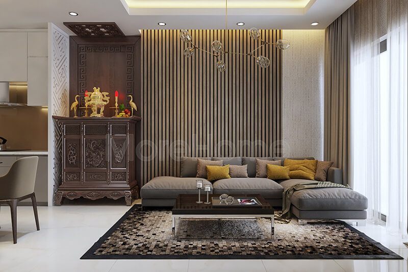 Mẫu tủ thờ cao cấp màu nâu sáng với kiểu dáng nhỏ gọn giúp tiết kiệm diện tích không gian phòng khách chung cư.