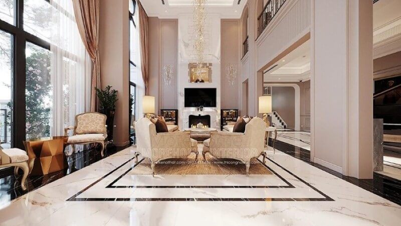 Thiết kế nội thất phòng khách thông tầng biệt thự cao cấp tại Vinhomes Imperia Hải Phòng.