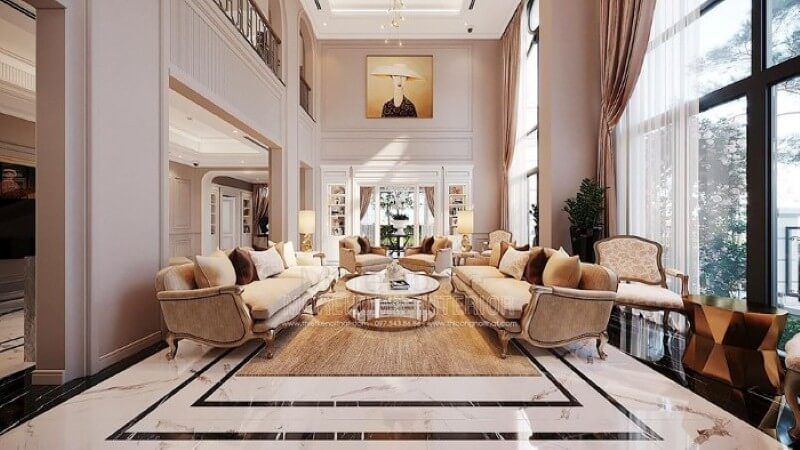 Thiết kế nội thất phòng khách thông tầng biệt thự tân cổ điển cao cấp tại Vinhomes Imperia Hải Phòng.