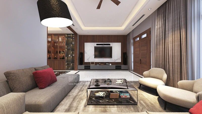 Đá trắng vân mây kết hợp gỗ ốp tường vân óc chó cao cấp tạo nên vẻ đẹp tinh tế đầy lôi cuốn cho phòng khách hiện đại.