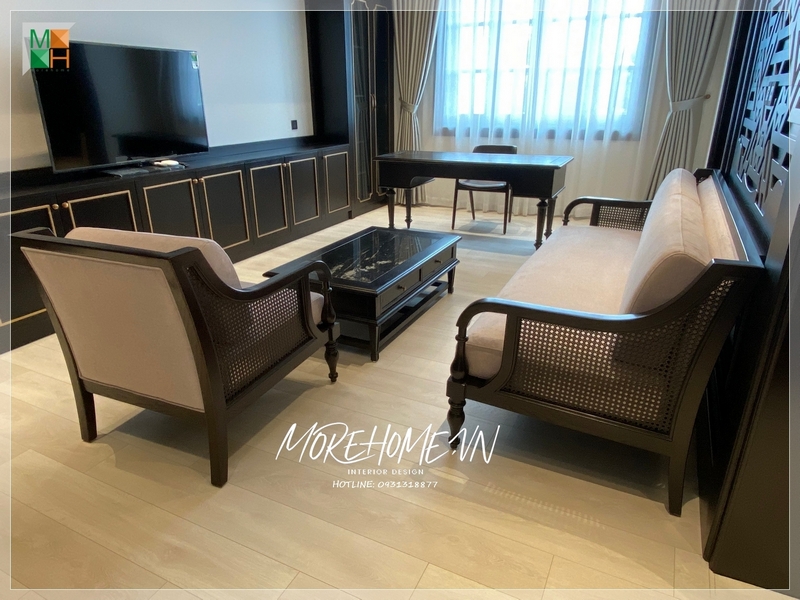 Bộ bàn ghế gỗ tự nhiên có đệm phong cách indochine tiện lợi thoải mái cho sử dụng tạo nên thẩm mỹ cao cho không gian