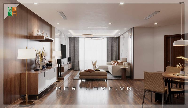 Mẫu thiết kế nội thất phòng khách sử dụng gỗ tự nhiên tông màu trầm kiểu dáng tối giản, giúp tổng thể ngôi nhà bạn trở nên đẳng cấp nhưng vẫn trẻ trung hiện đại.